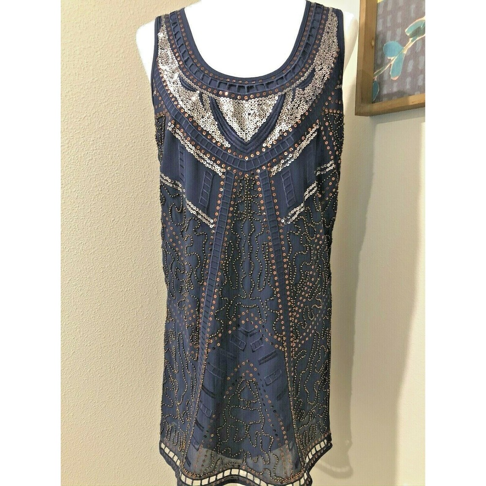 Navy Blue Beaded Sequined Sheath Evening Dress~S~ Cocktails Art Deco Flapper NWT